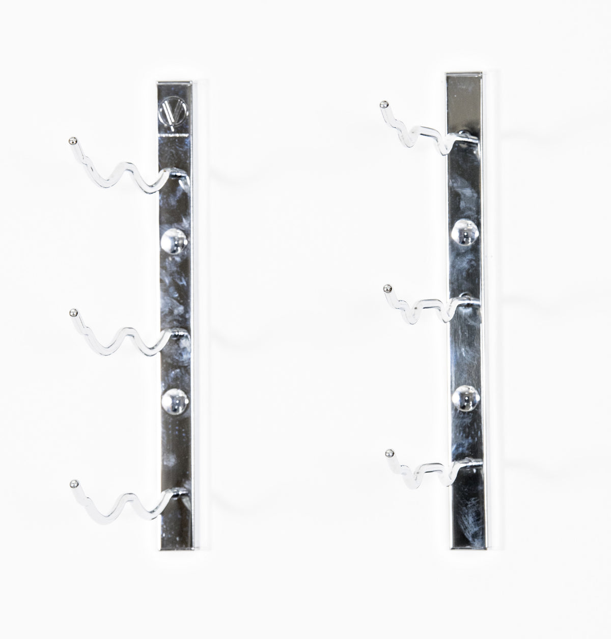 Wall-mount wine rack in shiny chrome finish with three curved bottle pegs