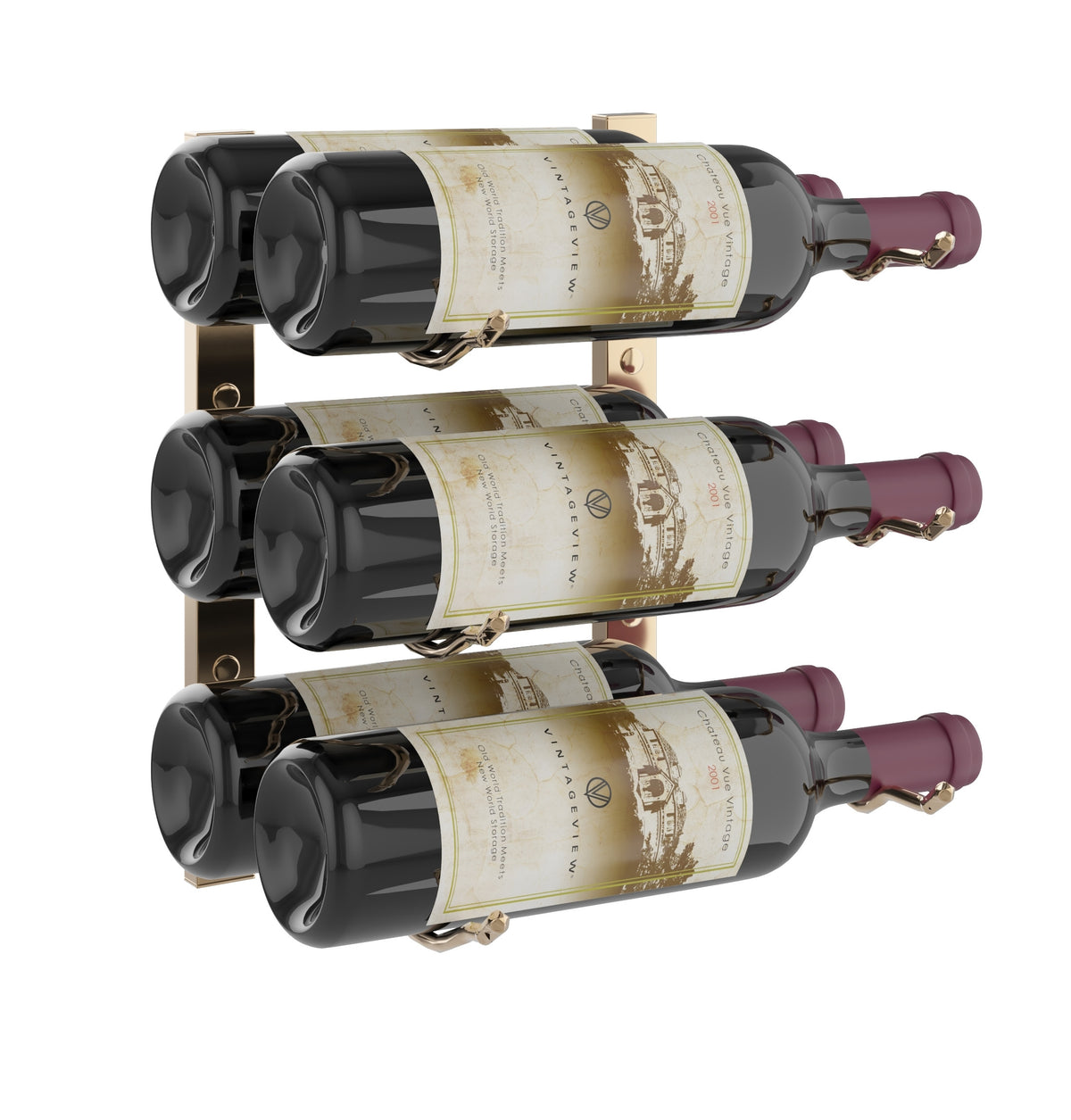 Wall-mounted wine rack holding three wine bottles in dark cradle holders