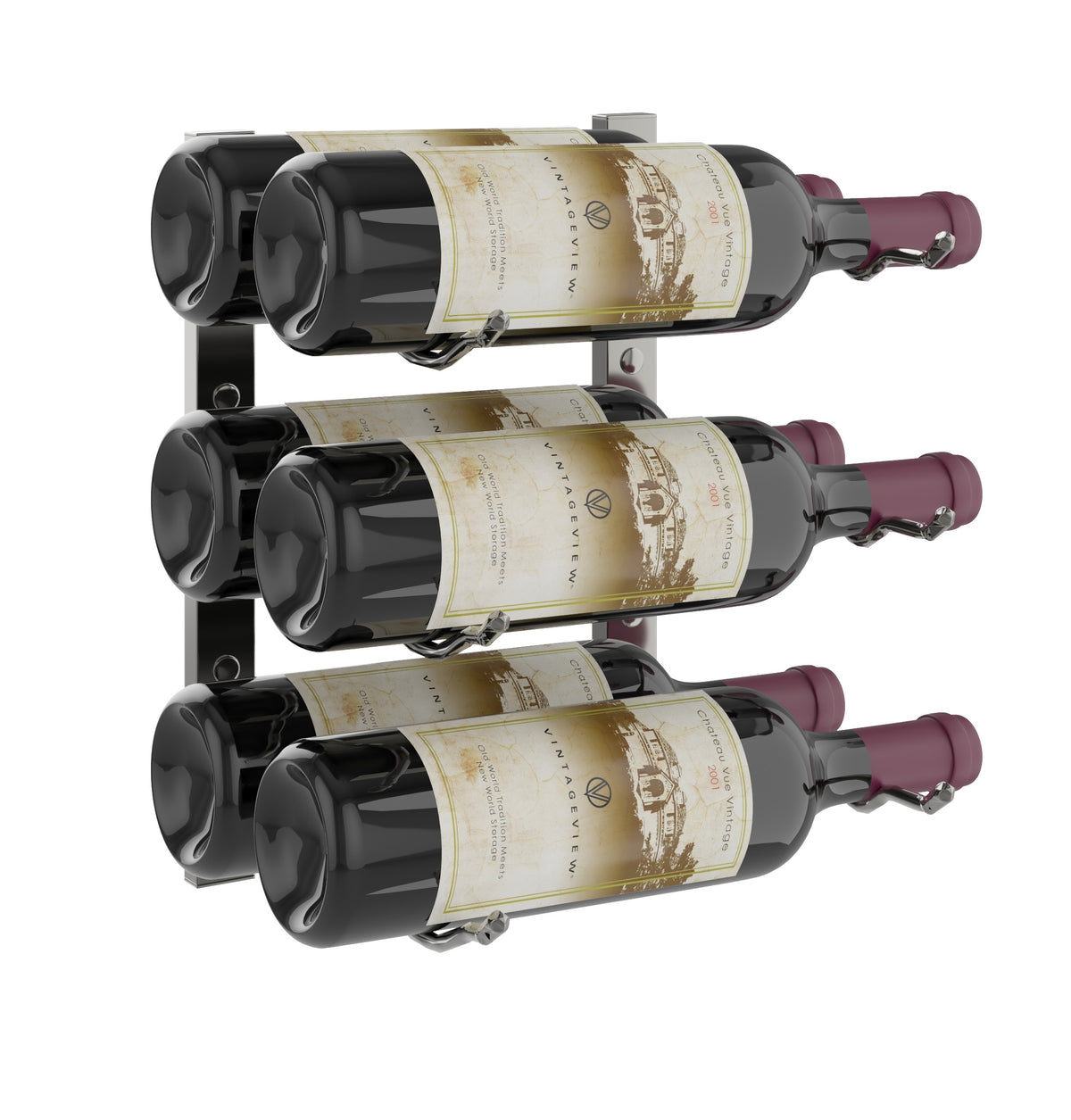 Wall-mounted wine rack with three bottle cradles for displaying wine bottles