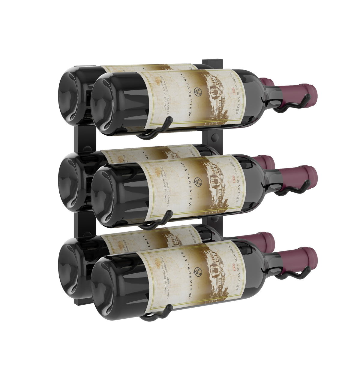 Wall-mount wine rack with three wine bottles displayed on black metal pegs