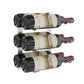 Wall-mounted wine rack with three bottle cradles holding three wine bottles