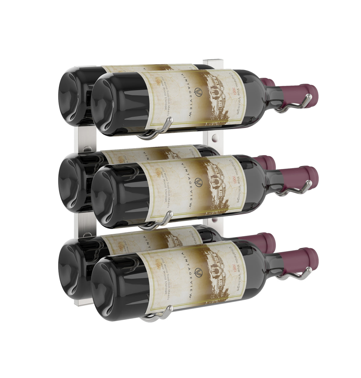 Wall-mounted wine rack with three bottle cradles holding three wine bottles