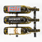 Wall-mounted wine rack with shiny metal frame holding three wine bottles, front view