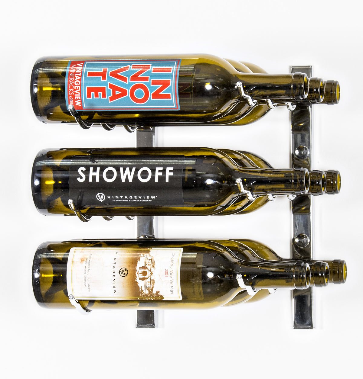 Wall-mounted wine rack with shiny metal frame holding three wine bottles, front view