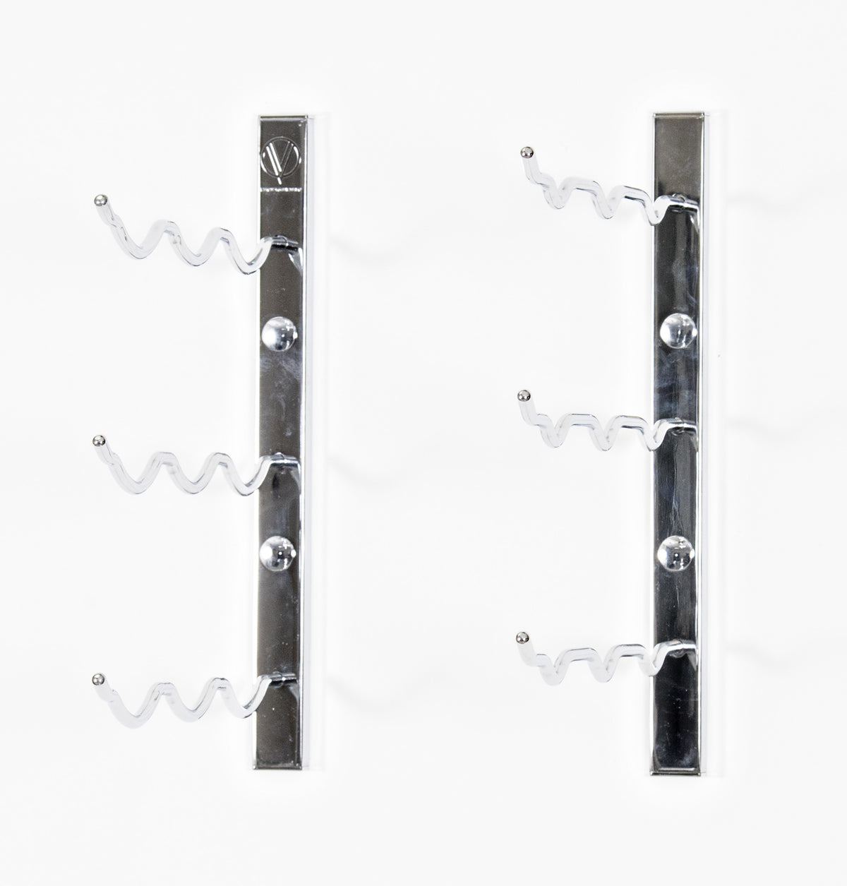Wall-mount wine rack in chrome finish with three curved bottle pegs on two bars