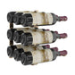 Wall-mounted wine rack with three bottle cradles displaying three wine bottles
