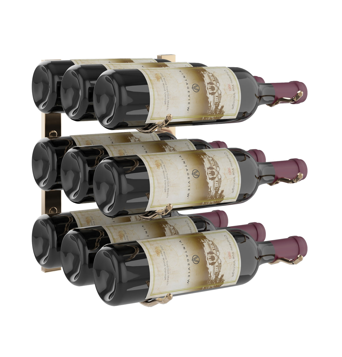 Wall-mounted wine rack with three bottle cradles displaying three wine bottles