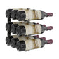 Wall-mounted wine rack holding three wine bottles in dark cradle holders