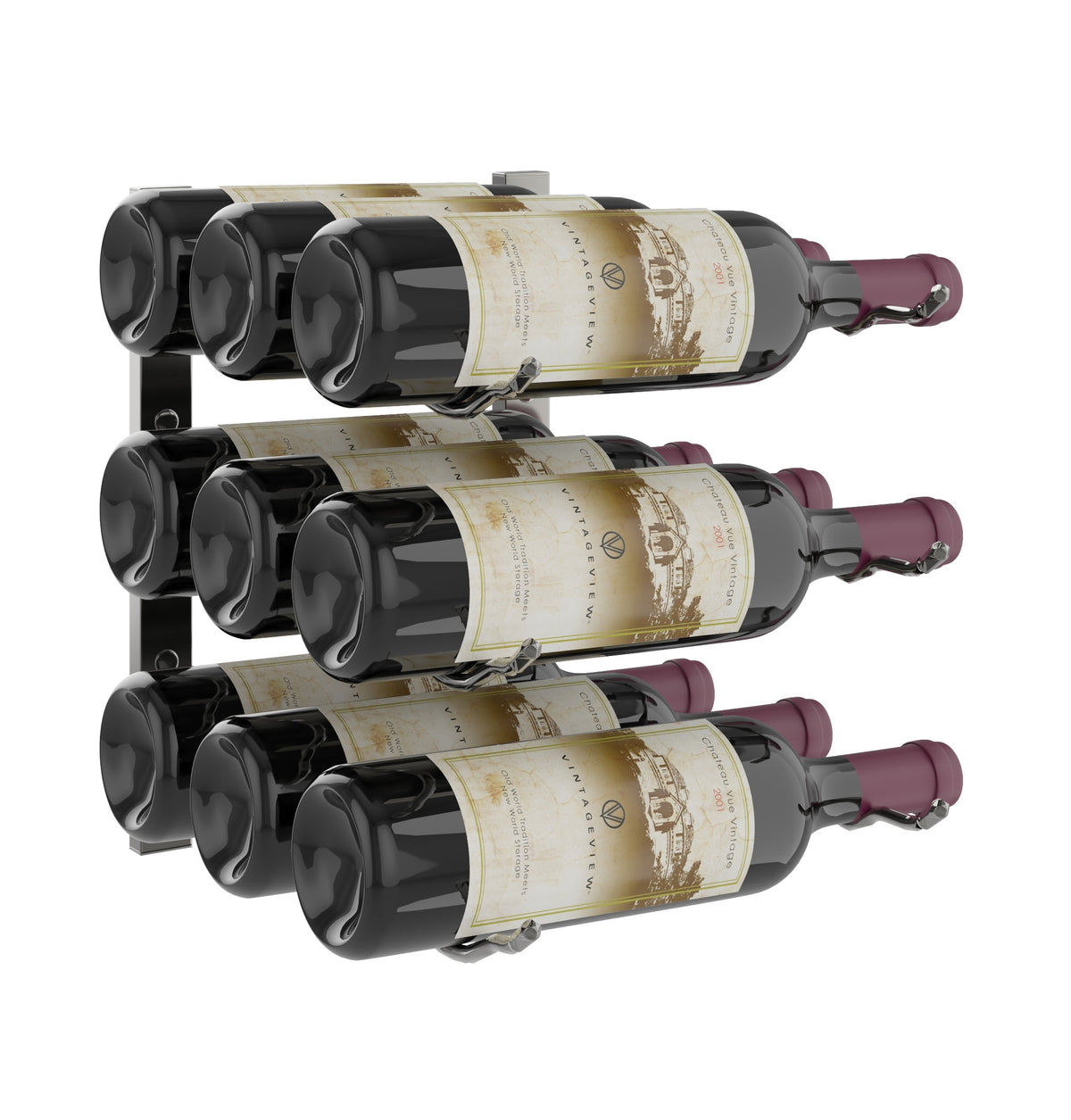 Wall-mounted wine rack holding three wine bottles in dark cradle holders