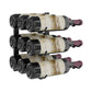 Wall-mount wine rack holding three wine bottles on black metal pegs with supports