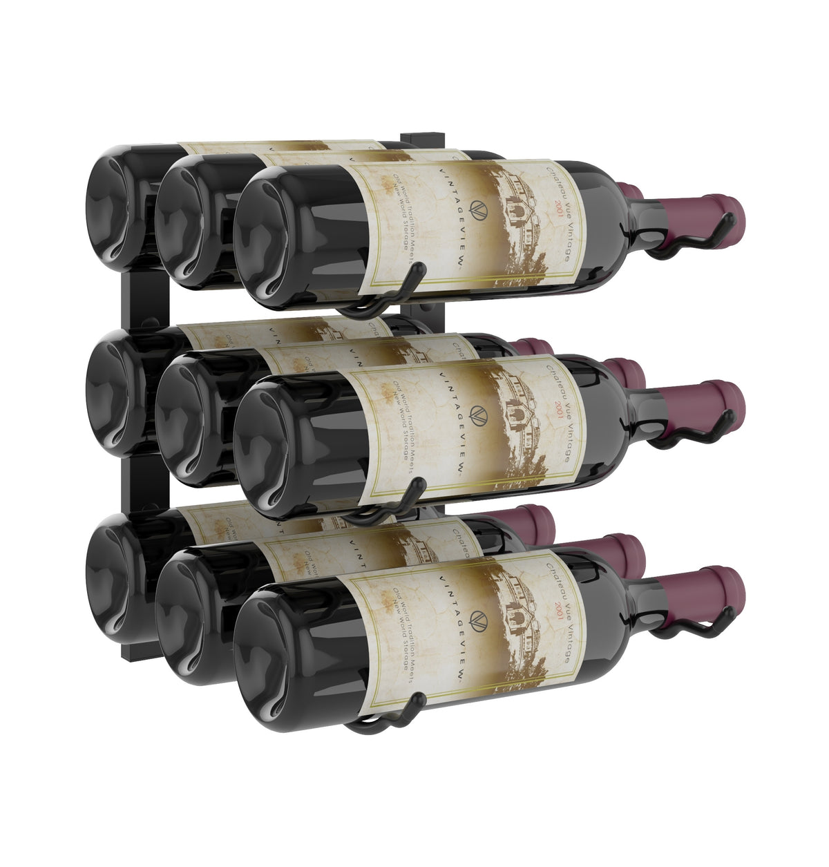 Wall-mount wine rack holding three wine bottles on black metal pegs with supports