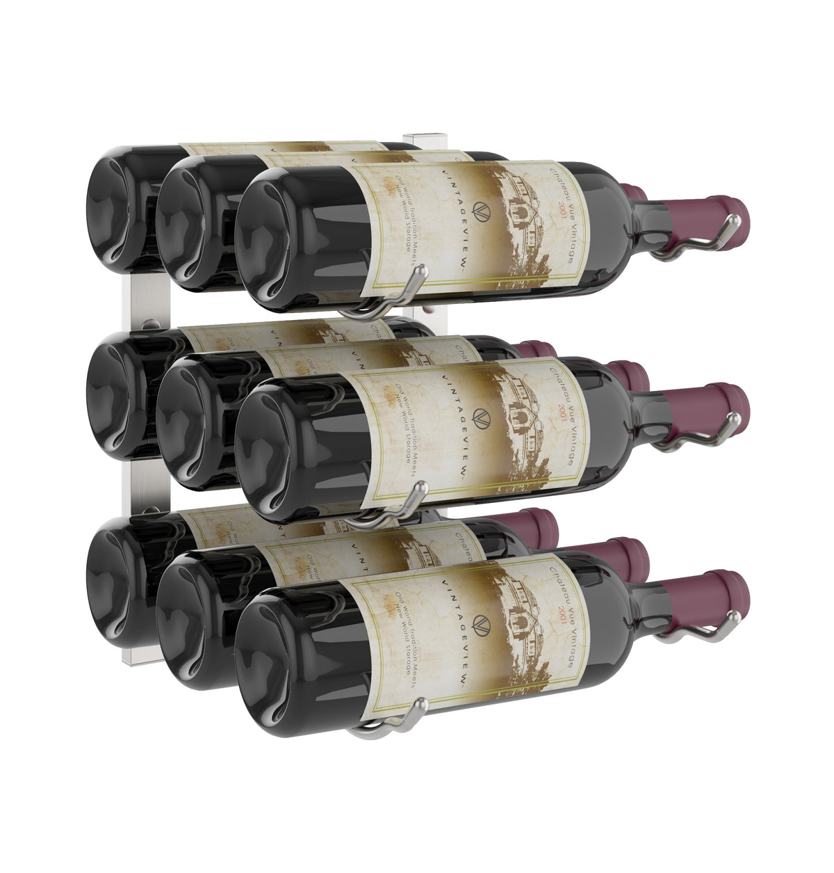 Wall-mounted wine rack showing three bottle slots with bottle necks facing right