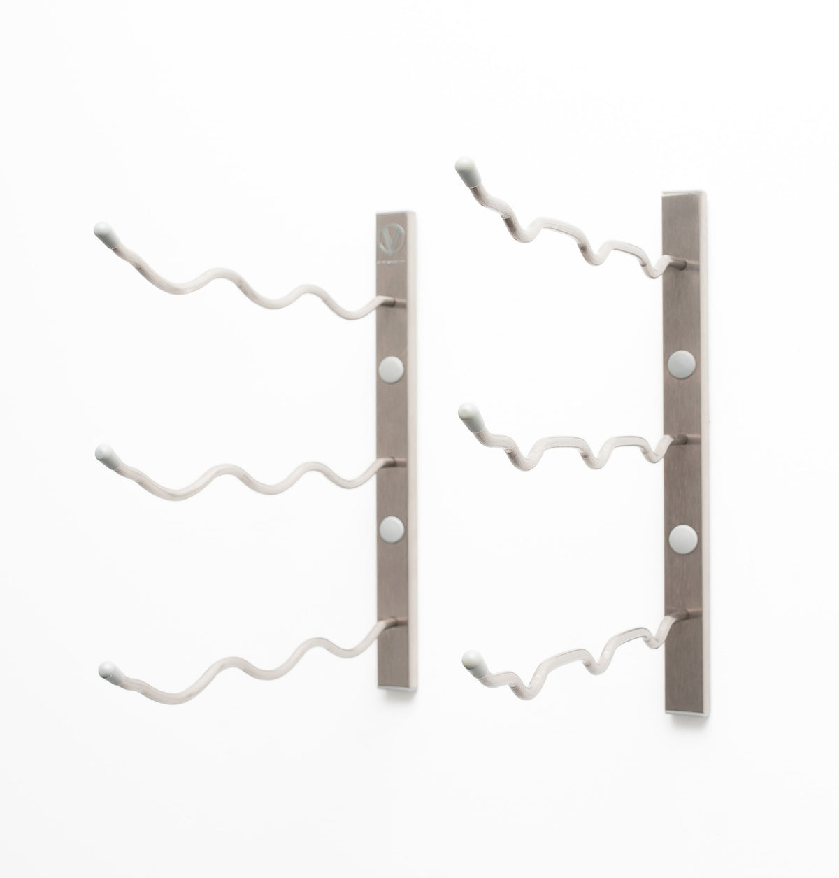 Wall-mount wine rack with two vertical bars and six curved pegs for bottles