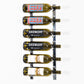 Wall-mounted wine rack holding six wine bottles on a dark metal frame