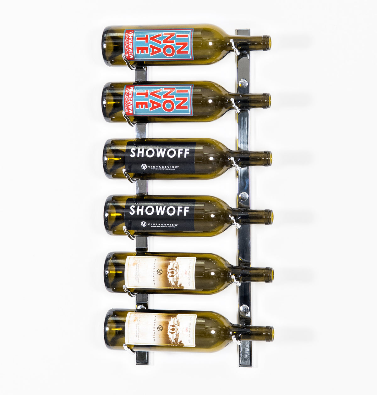 Wall-mounted wine rack holding six wine bottles on a dark metal frame