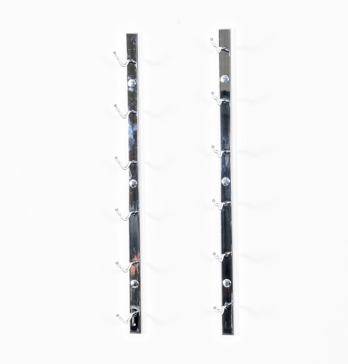 Wall-mounted chrome wine rack rails with bottle hooks, empty