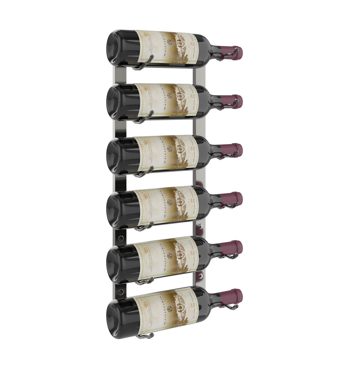 Wall-mounted matte black wine rack with bottle hooks holding 6 bottles