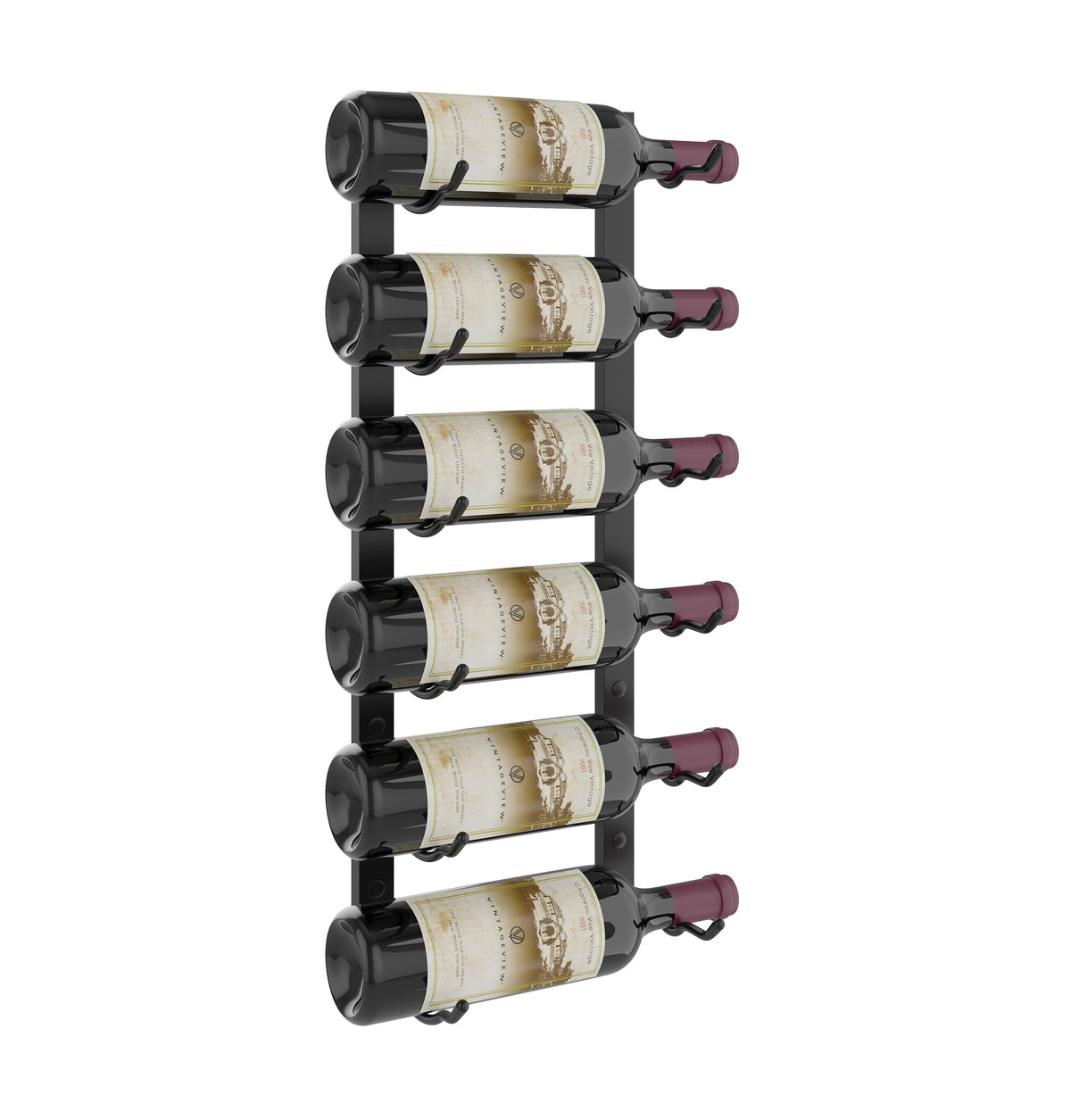 Wall-mounted matte black wine rack with bottle holders holding wine bottles