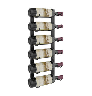 Wall-mounted matte black wine rack with bottle holders holding wine bottles