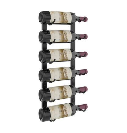 Wall-mounted matte black wine rack with bottle holders holding wine bottles