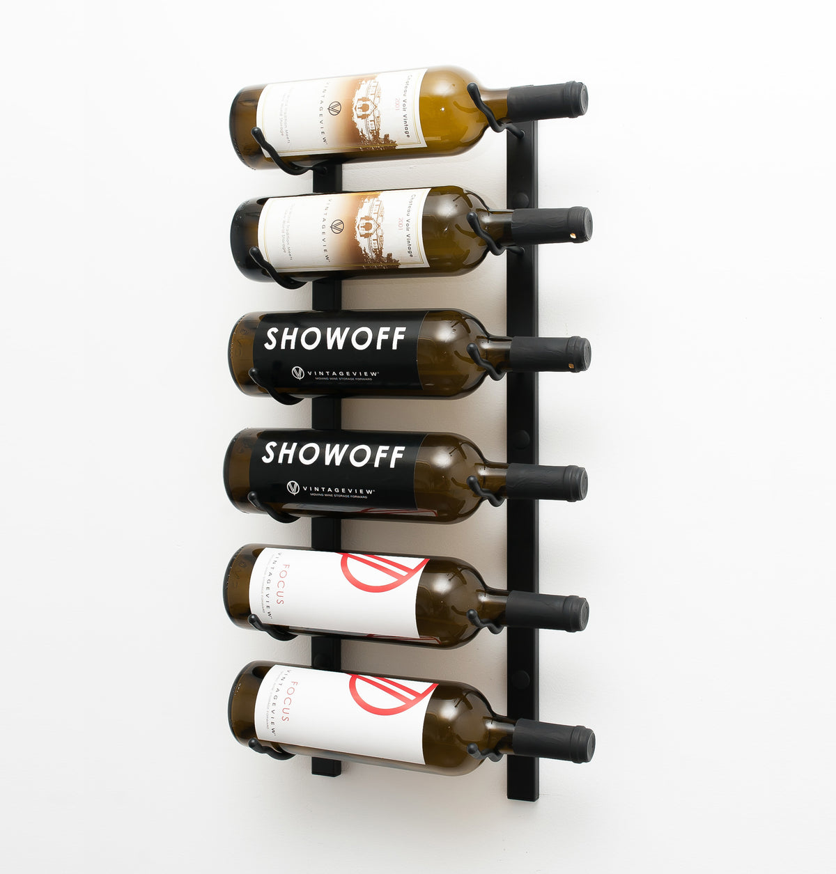 Matte black wall wine rack with bottle hooks holding wines with SHOWOFF labels