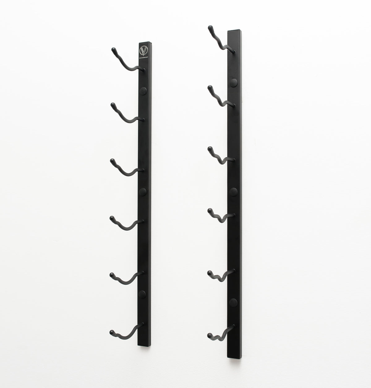 Wall-mounted wine rack rails with bottle hooks, matte black, empty
