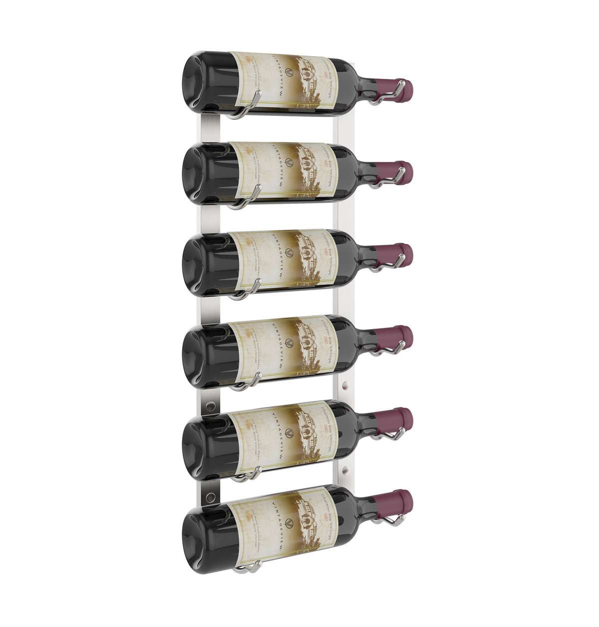 Wall-mounted matte black wine rack with bottle holders holding wine bottles