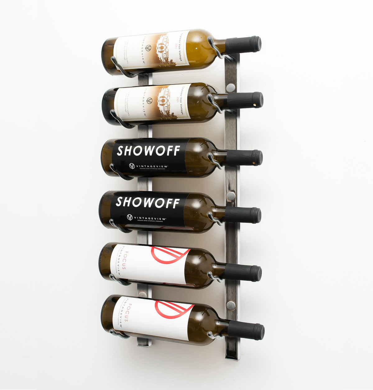 Wall-mounted chrome wine rack with bottle hooks holding SHOWOFF and labeled wines