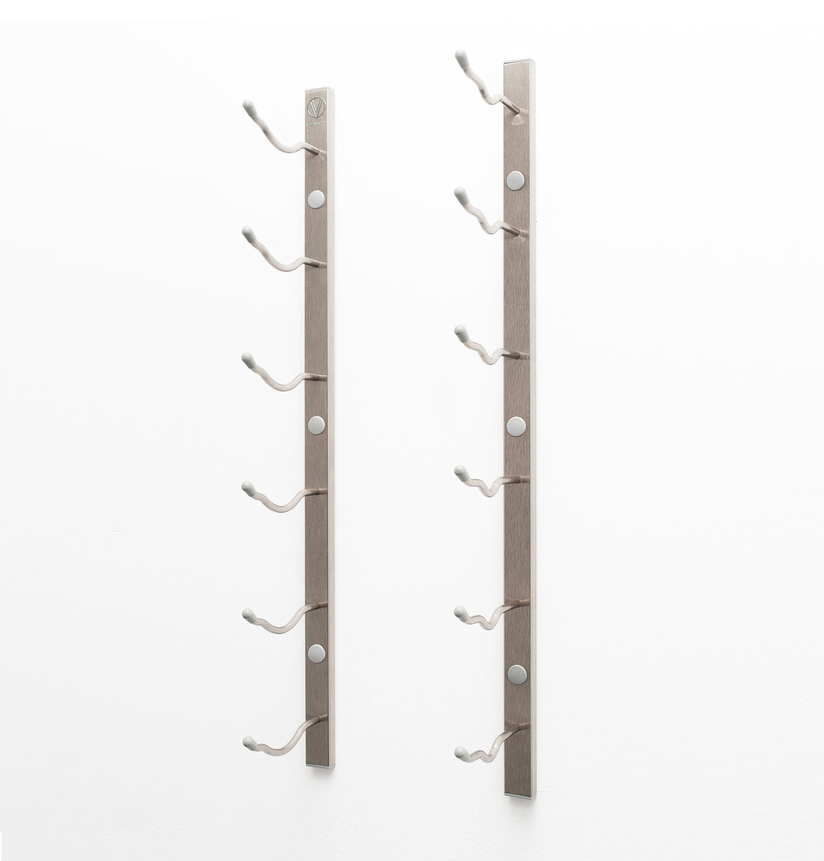 Wall-mounted wine rack rails with bottle hooks, brushed metal finish, empty