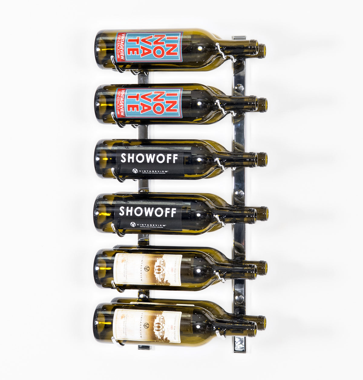 Wall-mounted wine rack with labeled wine bottles on metal pegs