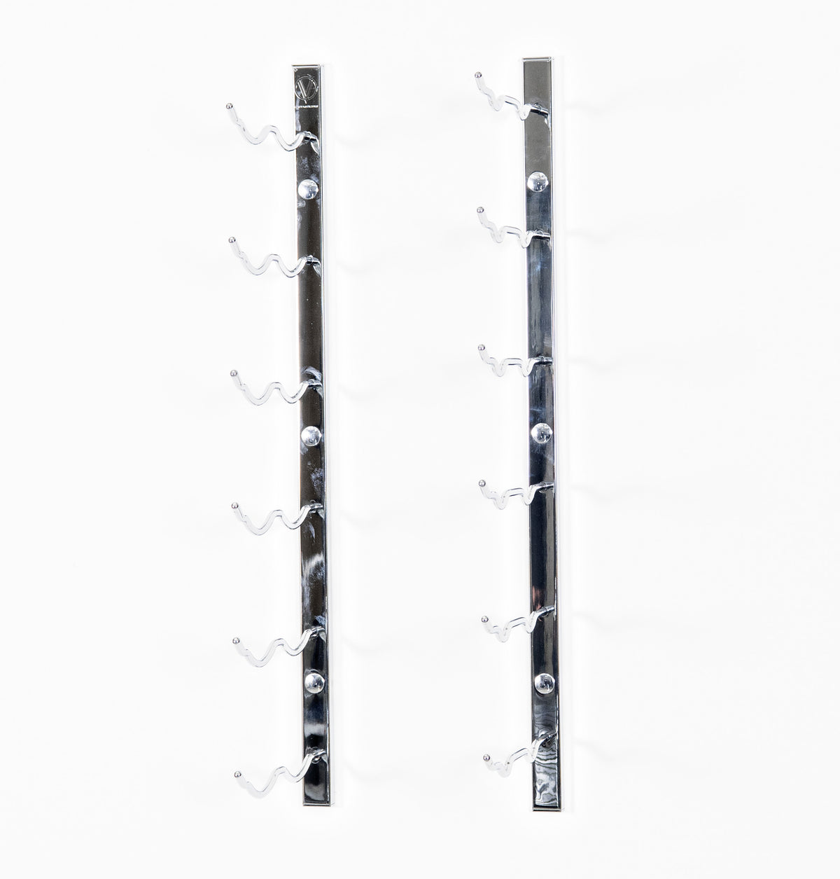 Wall-mounted wine rack with empty curved bottle holders on reflective silver metal bars