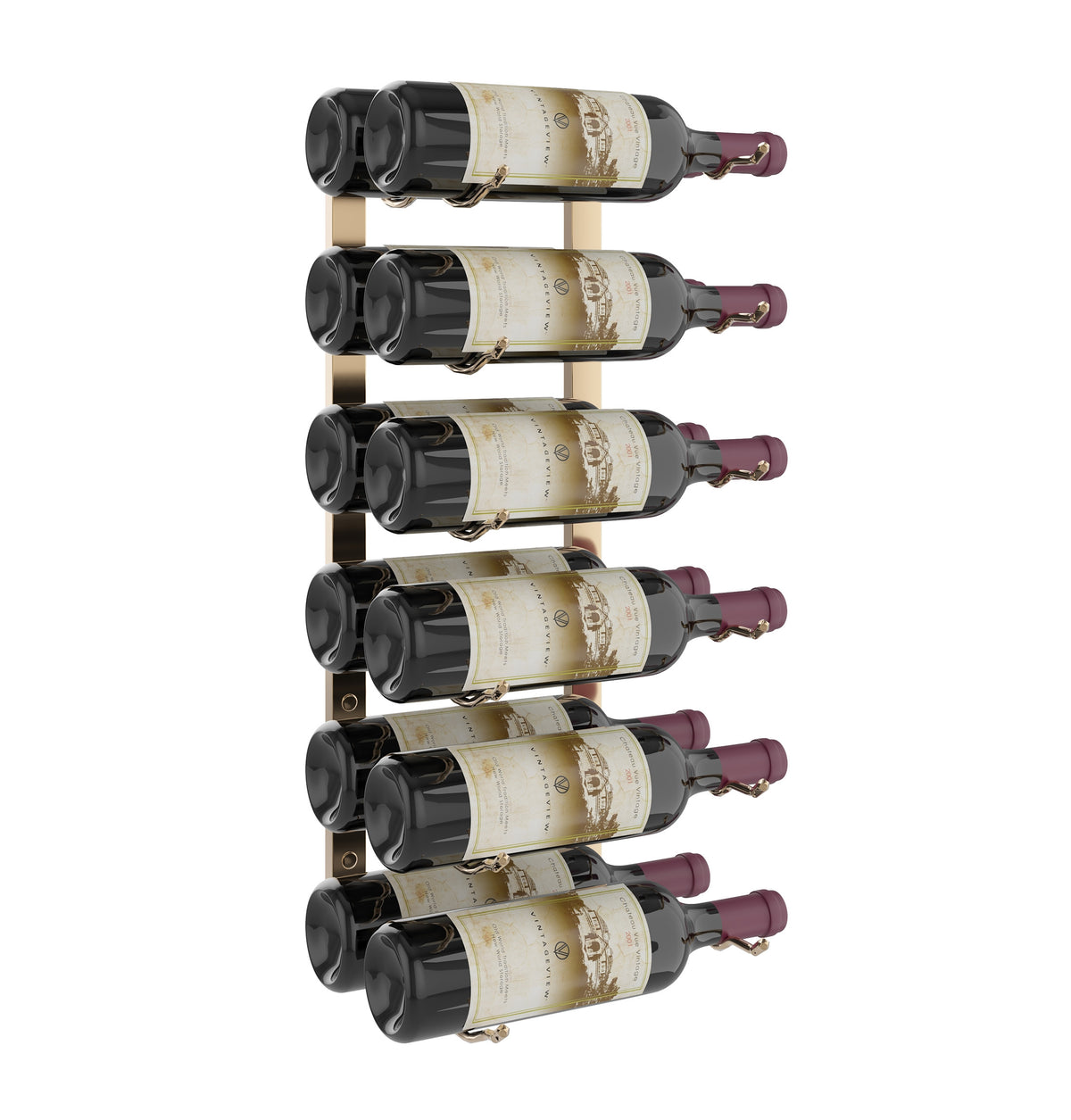 Wall wine rack with black bottle holders displaying six wine bottles