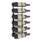 Wall wine rack holding six red and white wine bottles in black holders