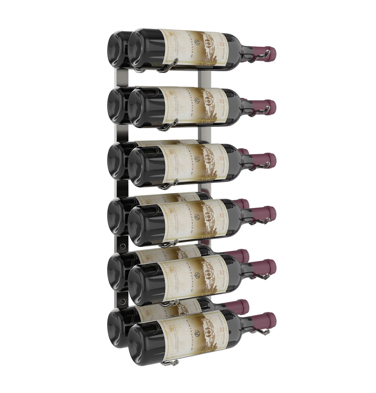 Wall wine rack holding six red and white wine bottles in black holders