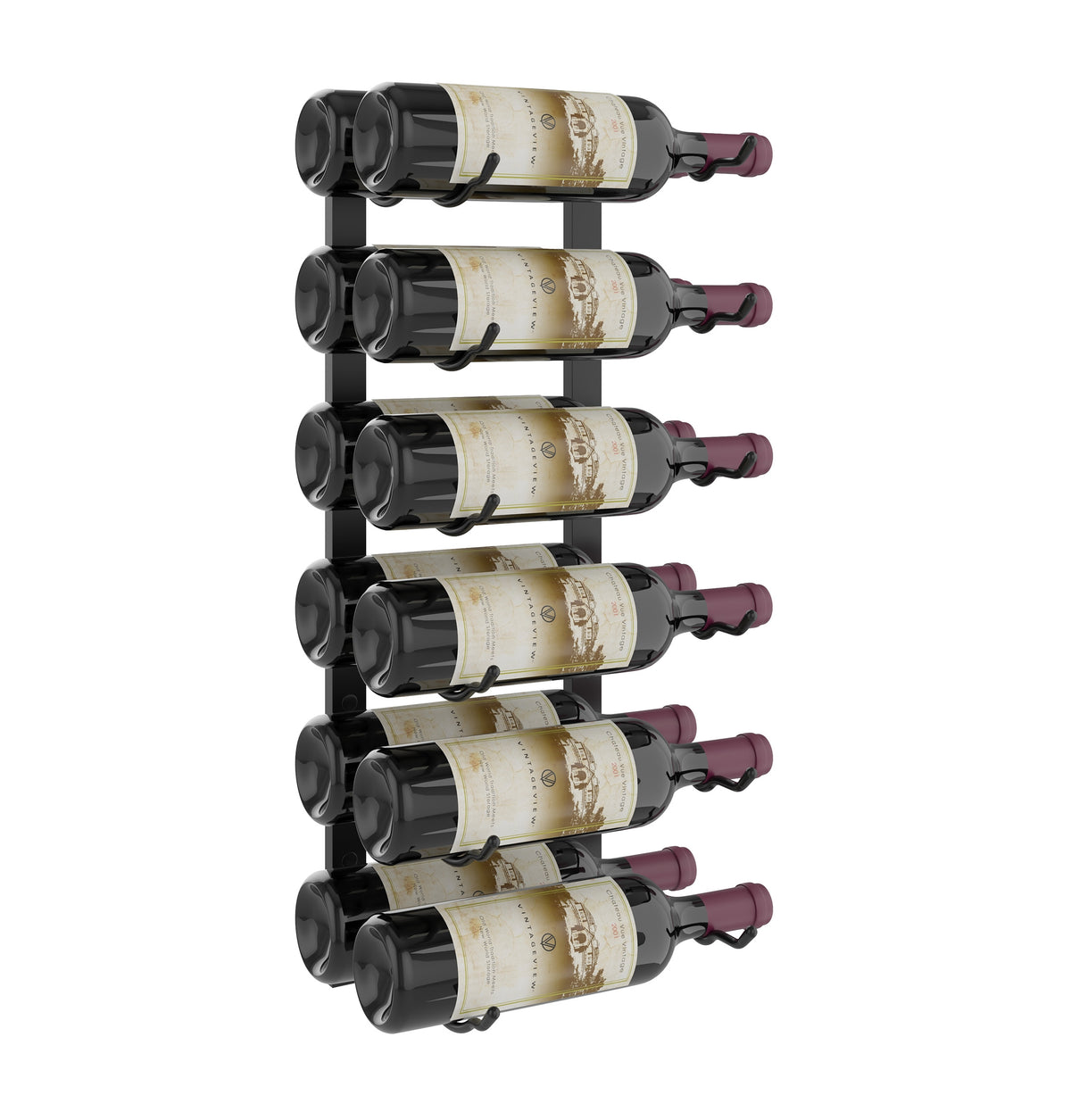 Wall-mounted wine rack holding eight wine bottles with dark frame and maroon caps
