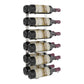 Wall-mounted wine rack holding seven wine bottles on a dark metal frame