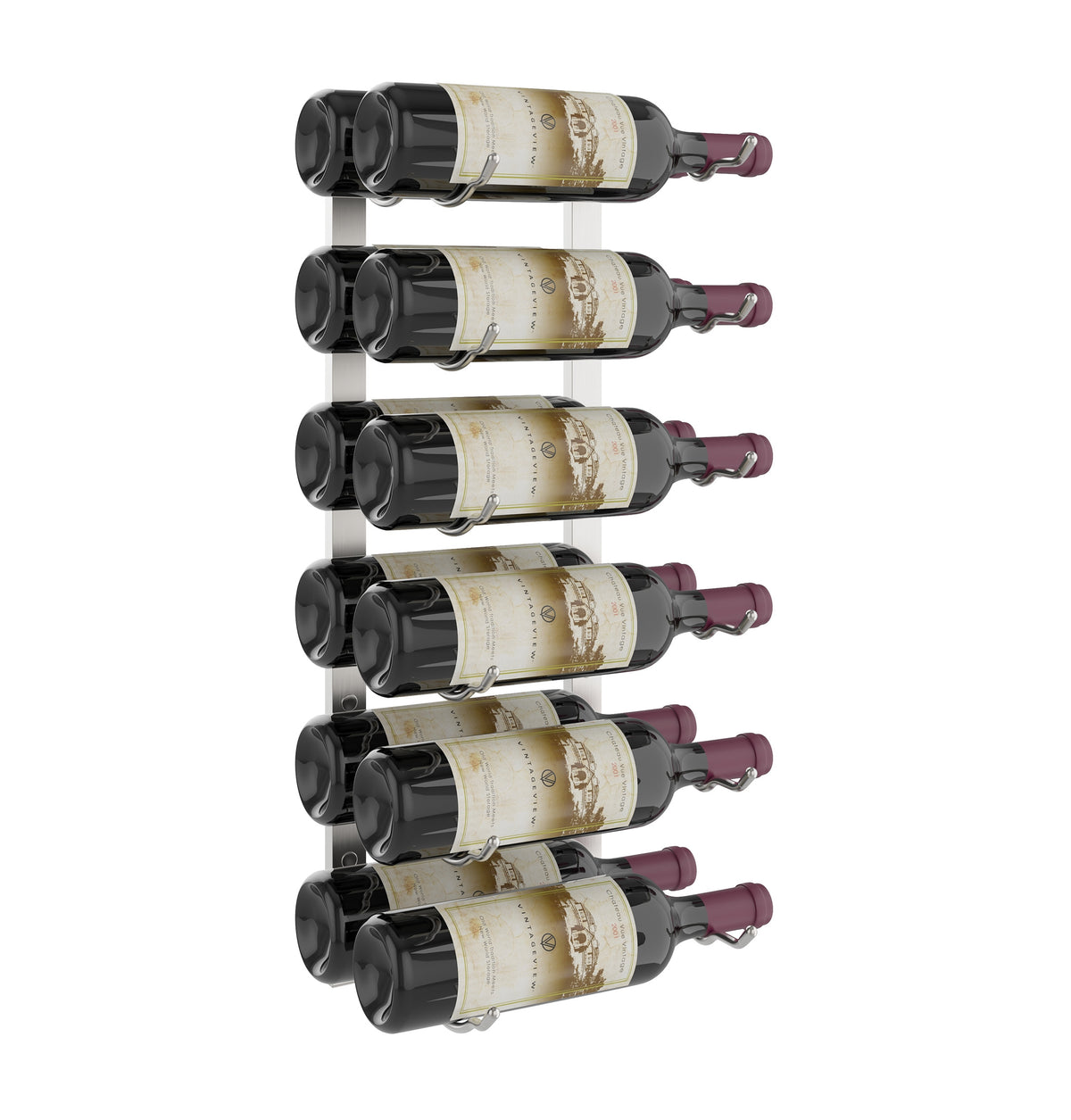 Wall-mounted wine rack holding seven wine bottles on a dark metal frame