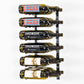 Wall-mounted wine rack with labeled wine bottles on vertical metal pegs