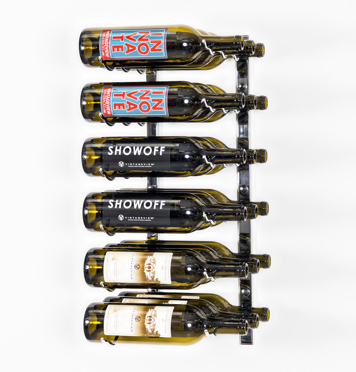 Wall-mounted wine rack with labeled wine bottles on vertical metal pegs