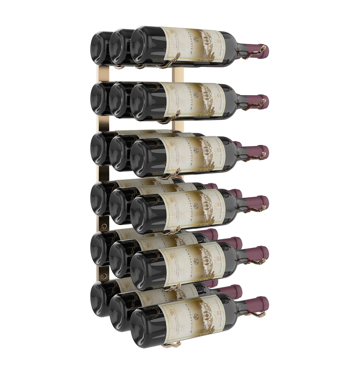 Wall wine rack with black holders holding six wine bottles
