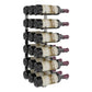 Wall-mounted wine rack holding dark wine bottles in black metal holders