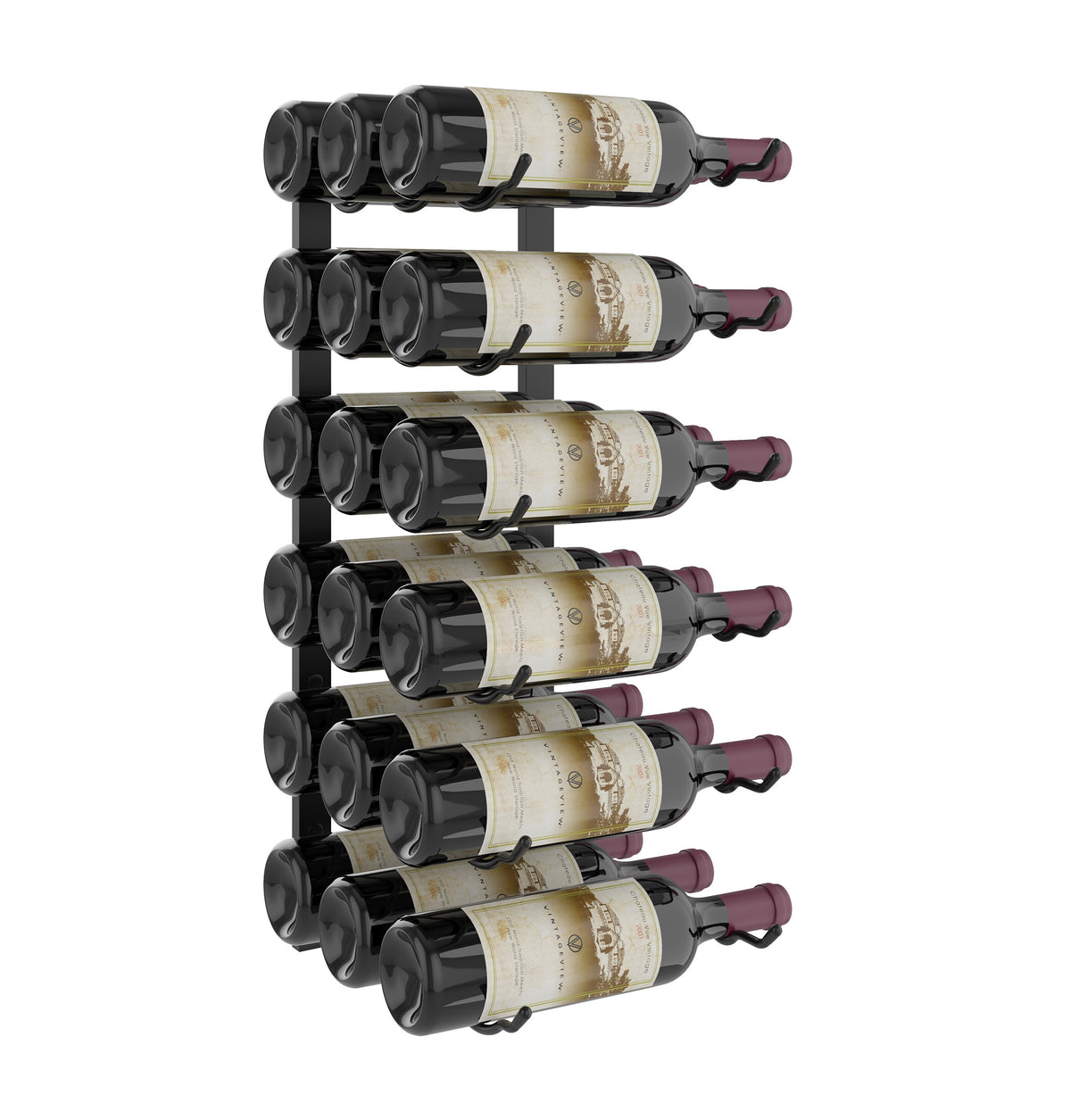 Wall wine rack with black bottle slots holding six wine bottles