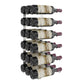 Wall wine rack with black holders showing six wine bottles