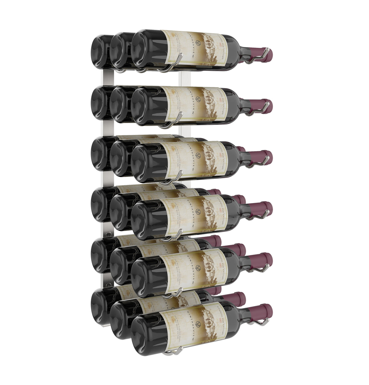 Wall wine rack with black holders showing six wine bottles