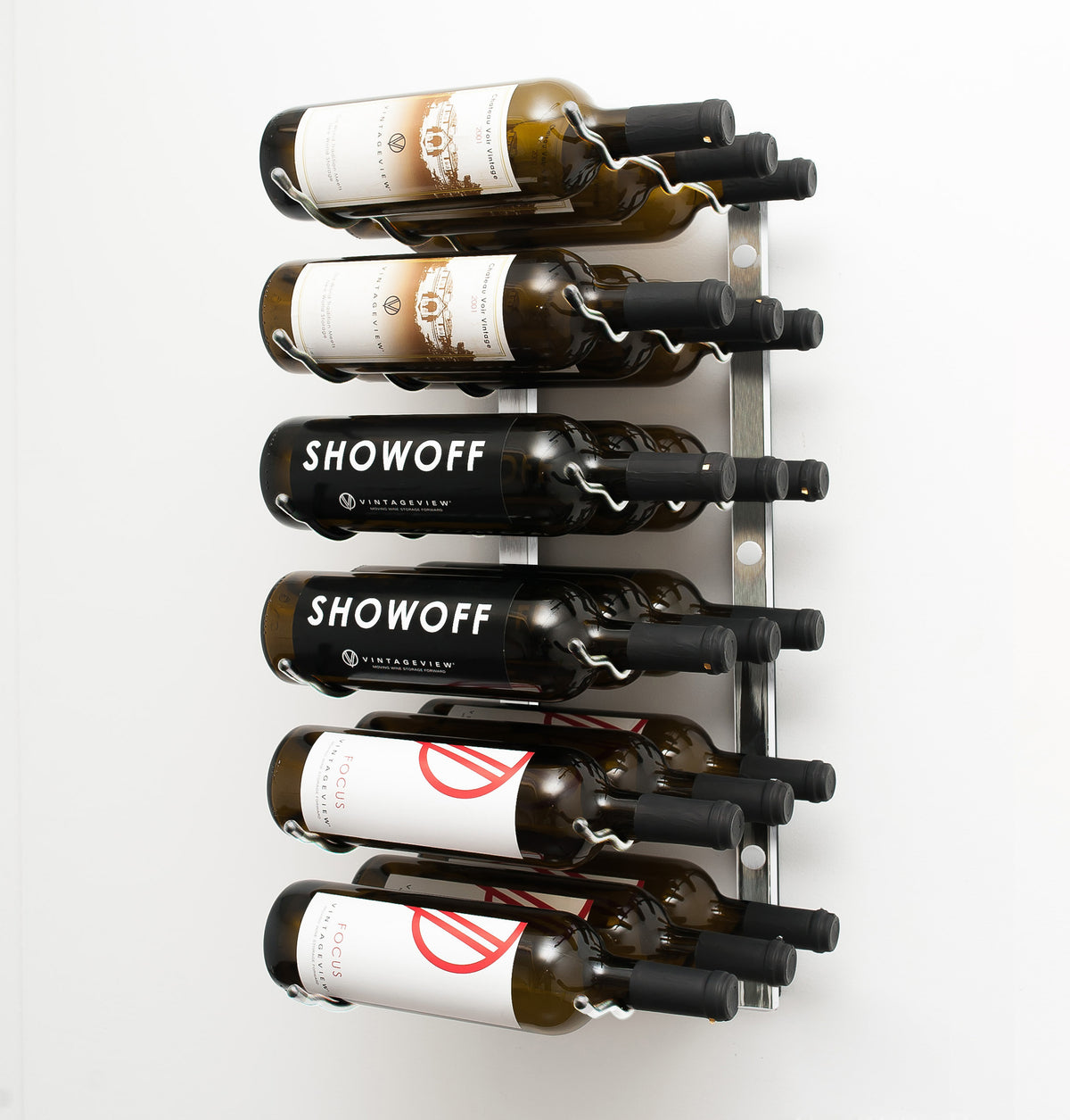 Wall wine rack with silver back plate holding six wine bottles on black pegs