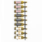 Wall-mounted wine rack holding multiple bottles on chrome vertical bars