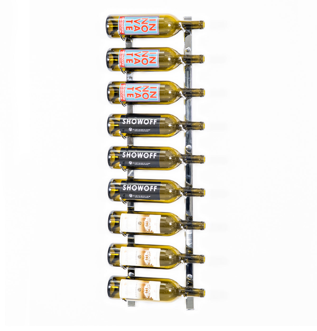 Wall-mounted wine rack holding multiple bottles on chrome vertical bars