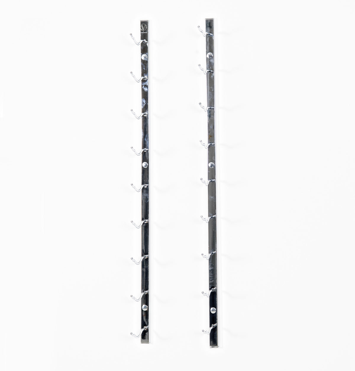 Pair of wall-mounted wine rack rails with curved bottle holders, chrome finish