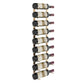 Wall-mounted wine rack with dark bottle holders holding wine bottles