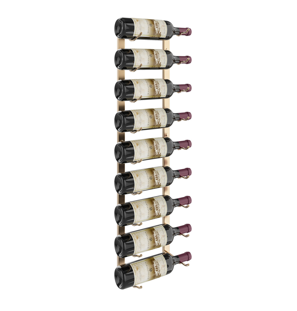 Wall-mounted wine rack with dark bottle holders holding wine bottles